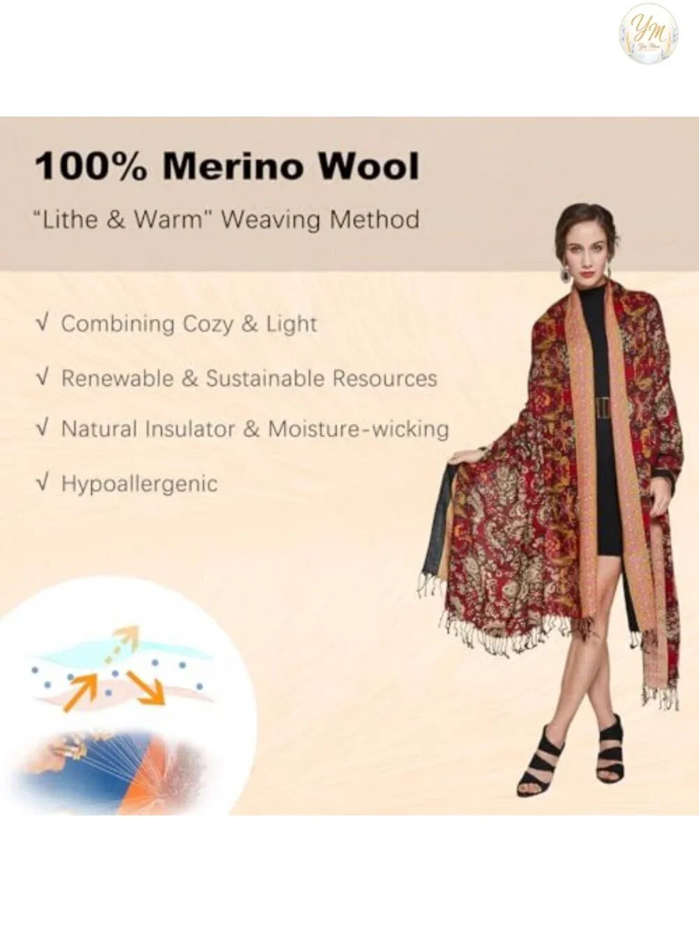 100% Merino Wool Extra Large Pashmina Shawl Wrap for Women